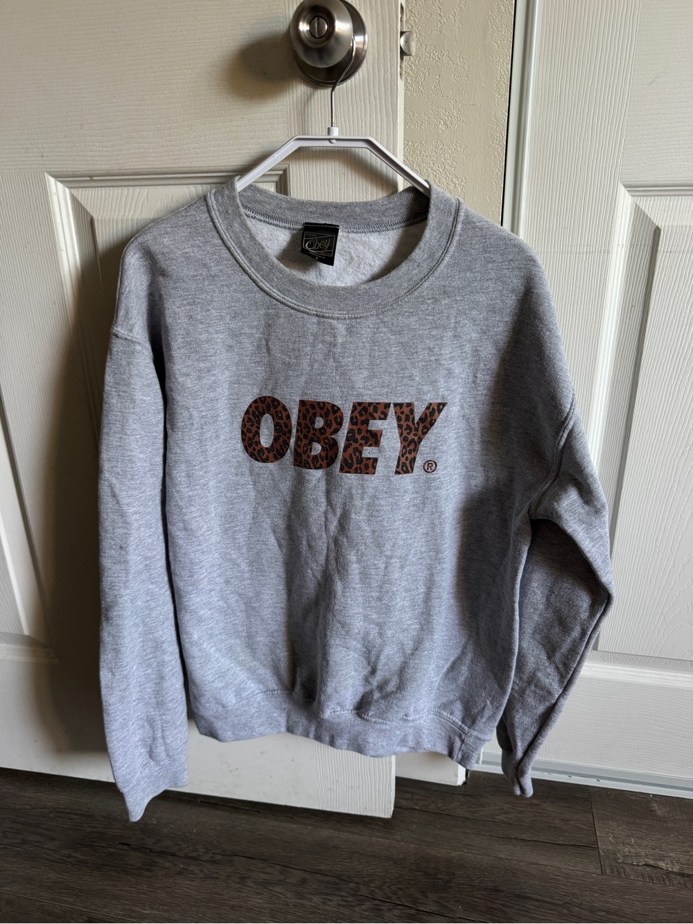 Obey Gray Crewneck Sweatshirt with Leopard-Print Logo